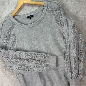 1.STATE‎ Women's L Gray Textured Fringe Sleeve Pullover Sweater Crewneck Knit